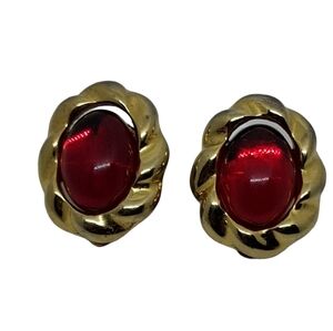 Vintage Park Lane Clip-On Earrings Magnetic Red Cabochon Gold Tone 1980s Retro